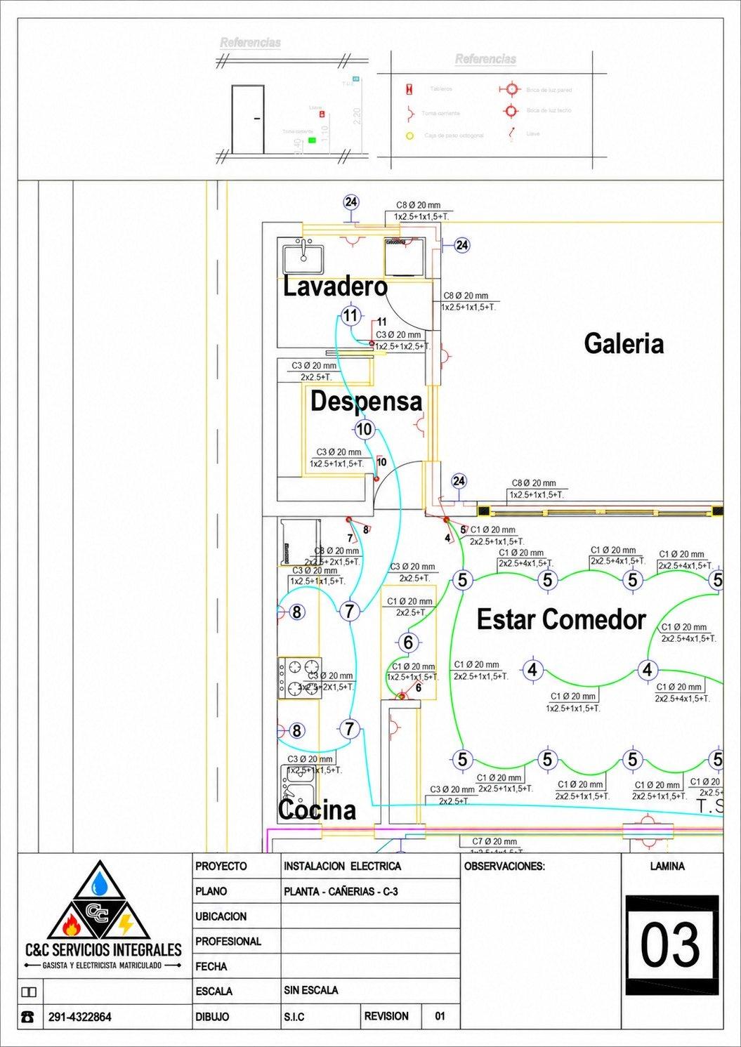 Lámina de planta de cañerías eléctricas de cocina, lavadero y estar comedor
