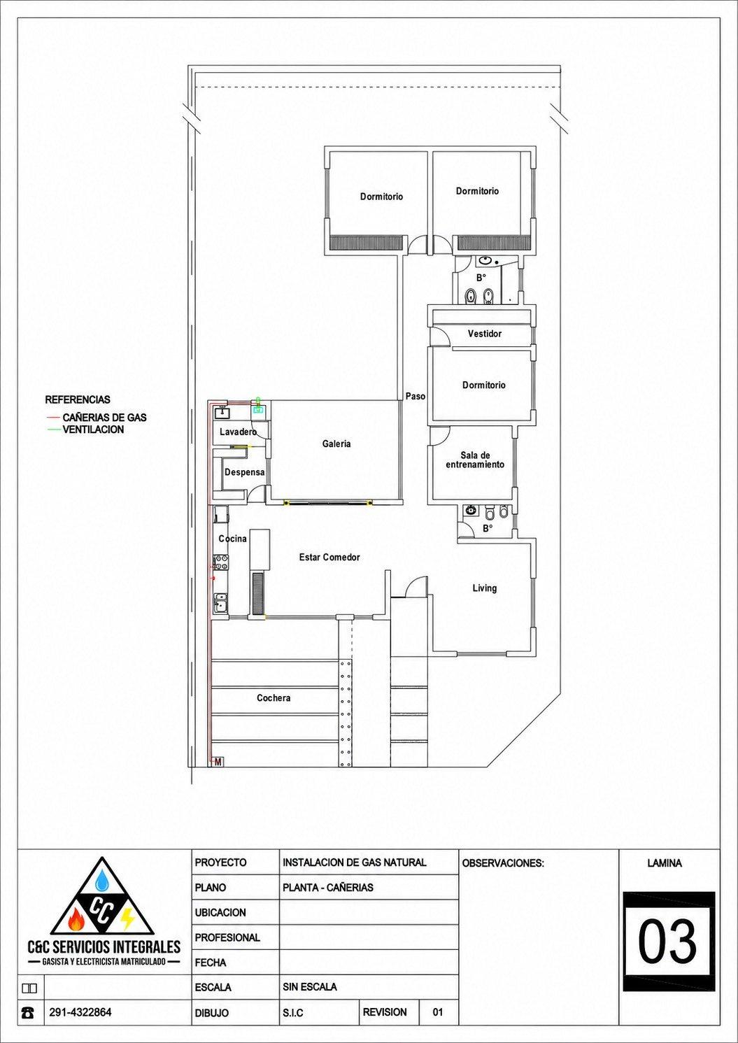 Lámina de planta de cañerías de gas de una vivienda