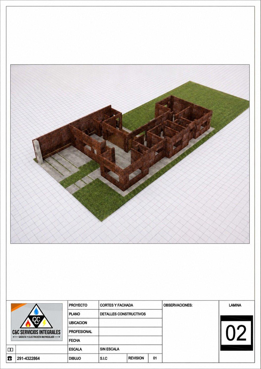 Lámina con el modelado 3D de la vivienda en corte
