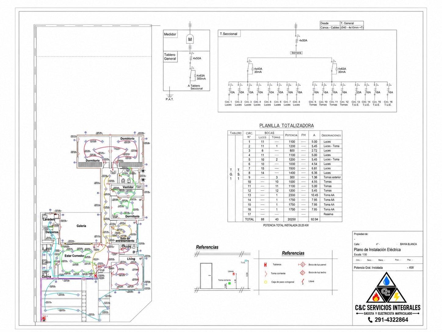 Plano de instalación eléctrica con esquema unifilar, planilla totalizadora y referencias