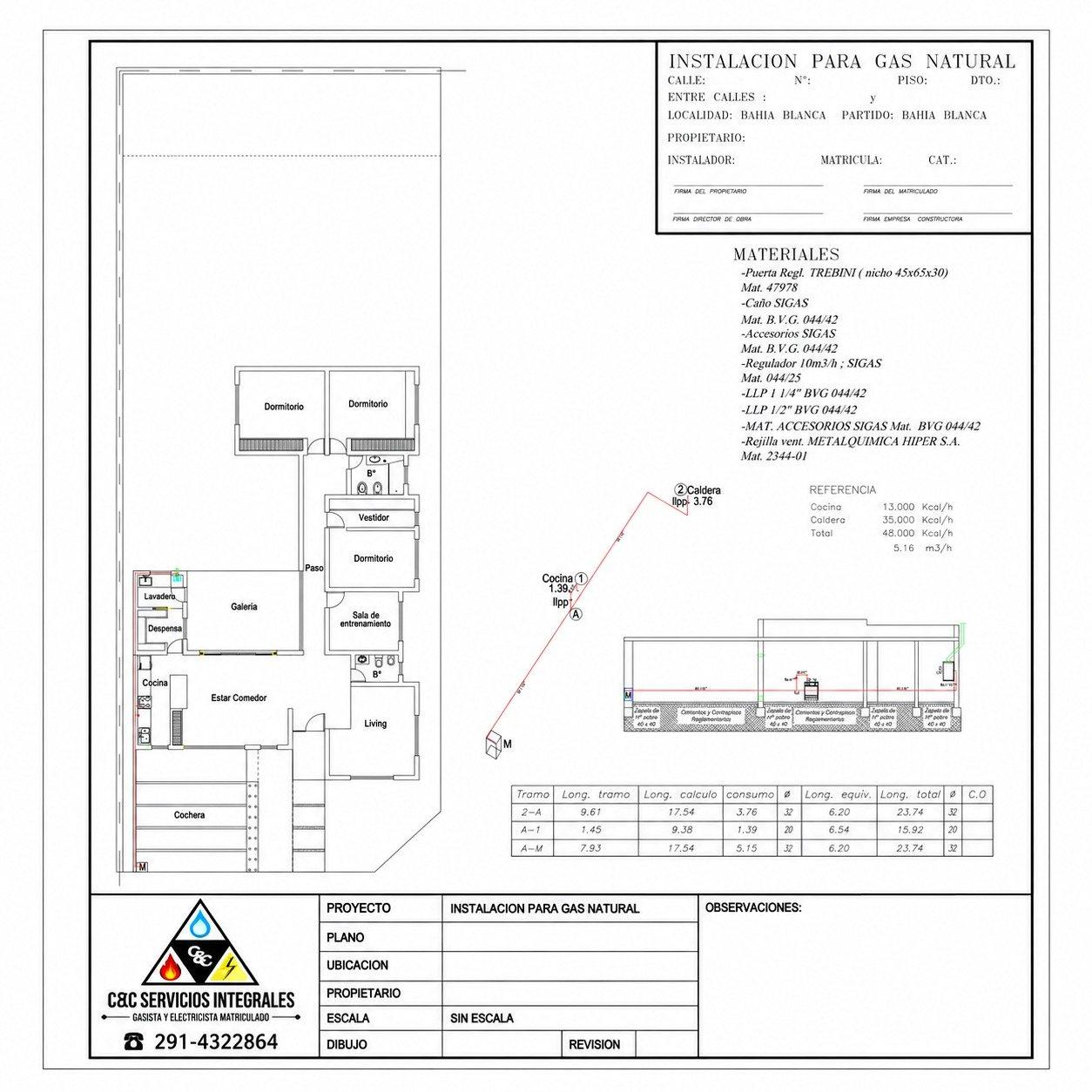 Plano de instalación para gas natural con planta, isométrica y listado de materiales