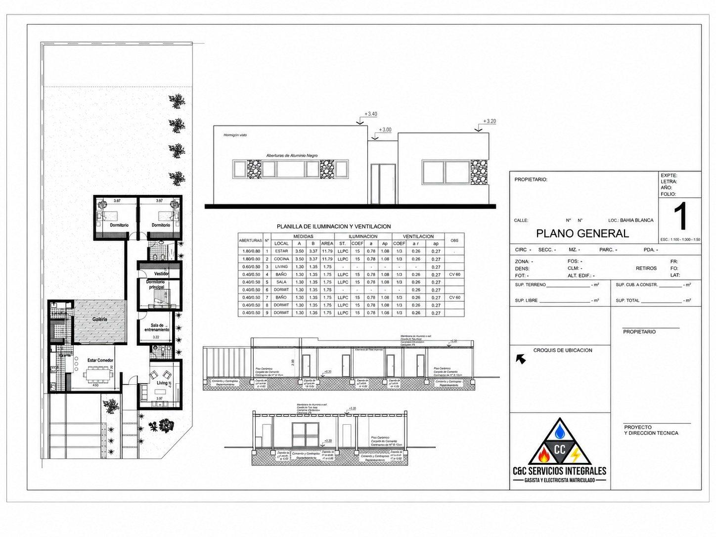 Plano general de una vivienda con planta, planilla de iluminación y ventilación, fachadas y carátula