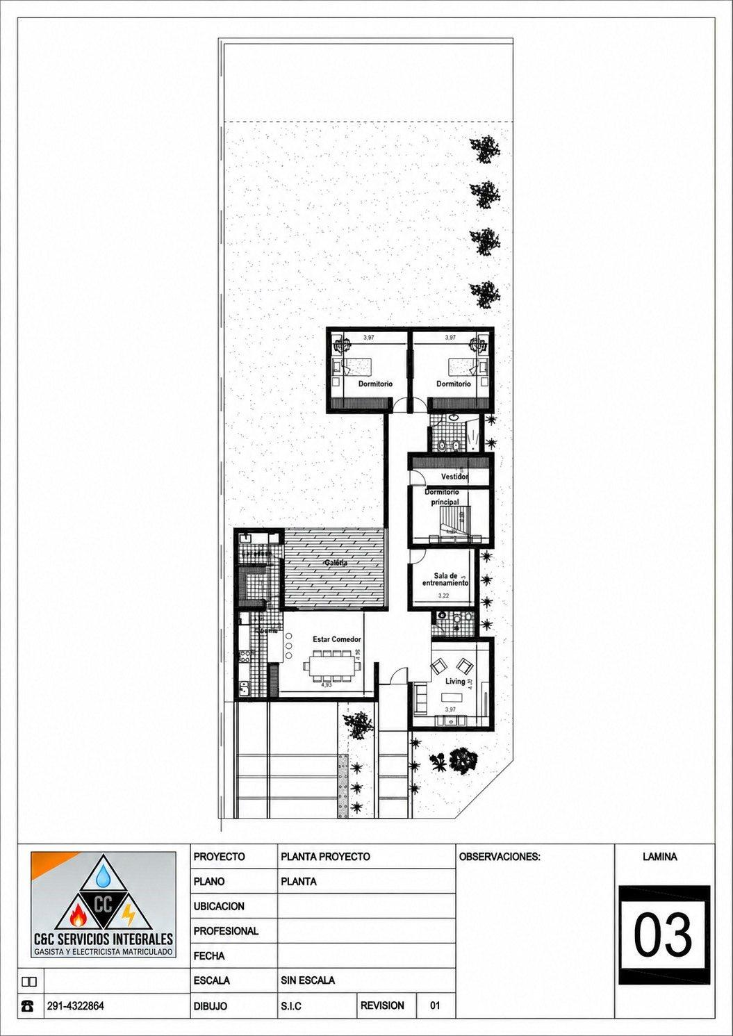 Lámina de planta de proyecto de una vivienda con rótulo