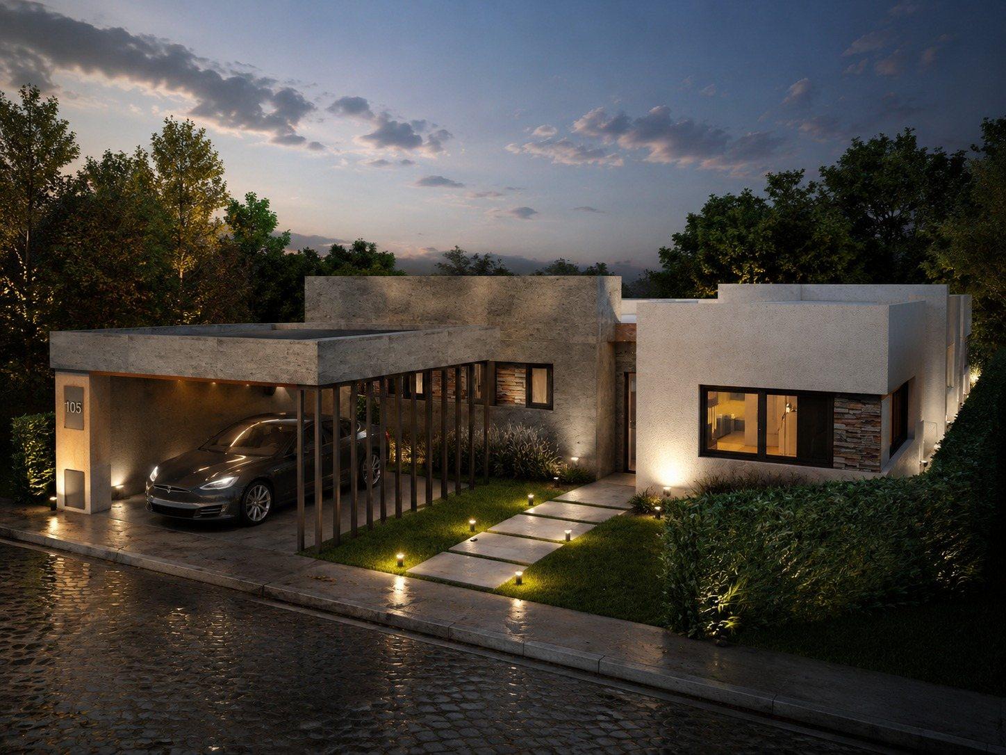 Vista 3D nocturna del frente de una vivienda con cochera