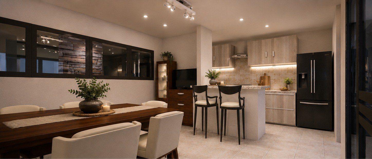 Vista 3D interior del comedor y la cocina